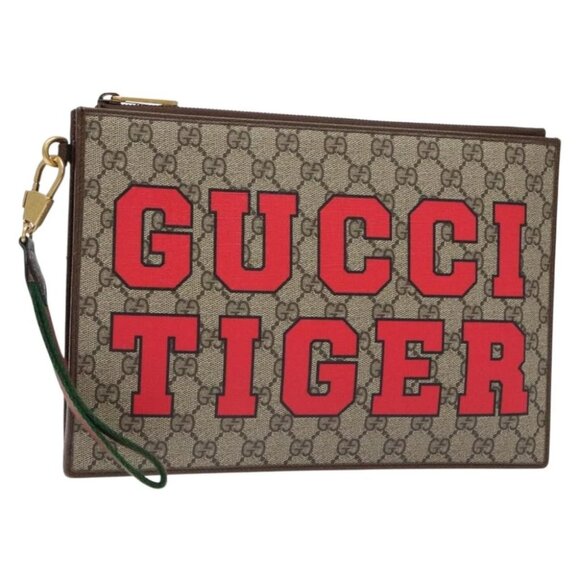 GUCCI GG Supreme Web Sherry Line Clutch Bag PVC Beige Gold - Picture 1 of 16